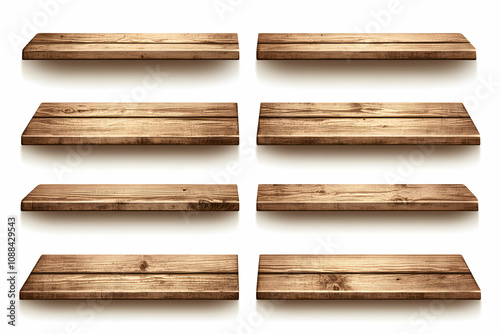 Six rustic wooden shelves isolated on white background, ideal for product display or design mockups. Perfect for showcasing merchandise or creating a vintage aesthetic.