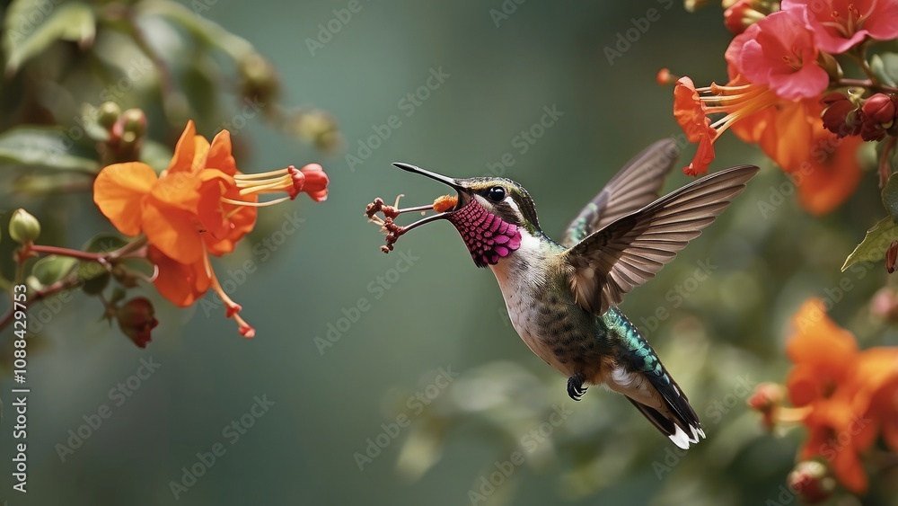 Fototapeta premium A hummingbird consuming nectar while hovering in midair-