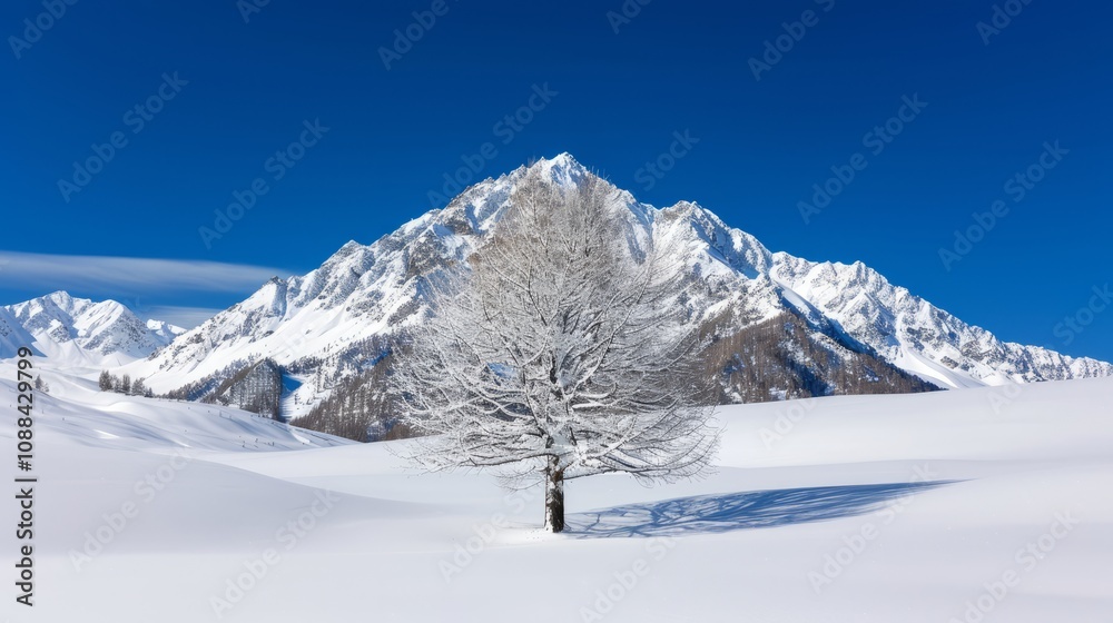 Fototapeta premium Snow-covered mountain landscape with a lone tree.