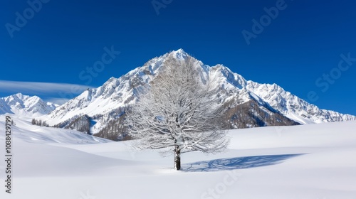 Snow-covered mountain landscape with a lone tree.