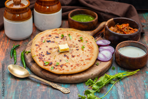 Aloo paratha, a golden-brown Indian flatbread stuffed with spiced mashed potatoes, is served with tangy achar (pickle) and refreshing chutney, creating a perfect blend of flavors for a comforting, sav photo