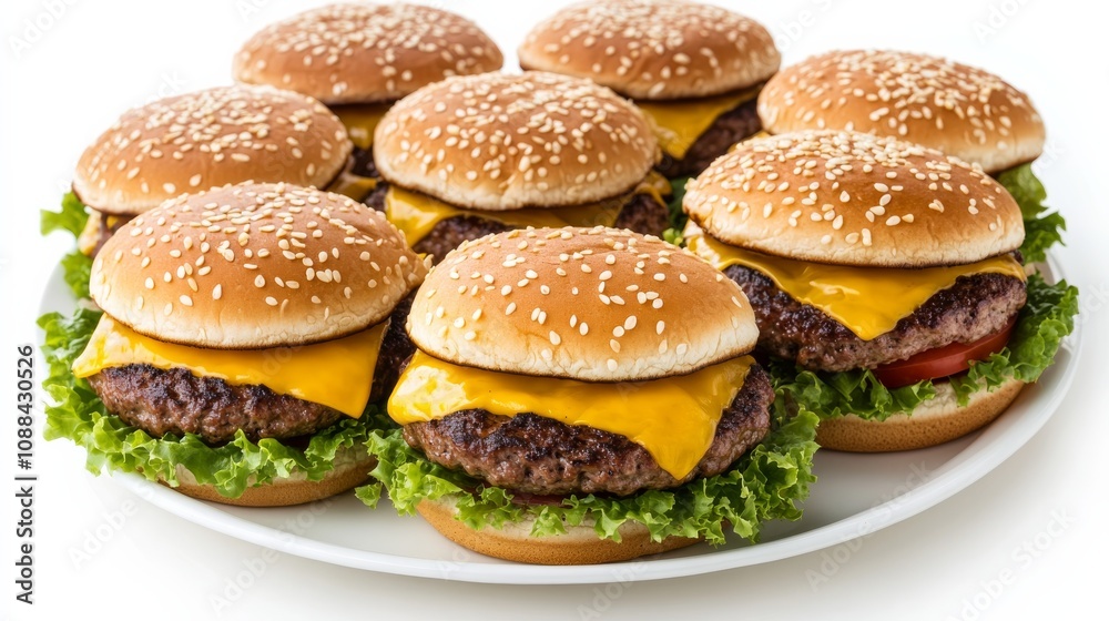 A plate of classic cheeseburgers with juicy beef patties, melted cheddar cheese, lettuce A plate of classic cheeseburgers with juicy beef patties, melted cheddar cheese, lettuce