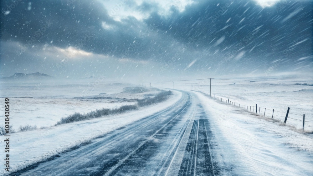 Snowy road through a winter storm landscape