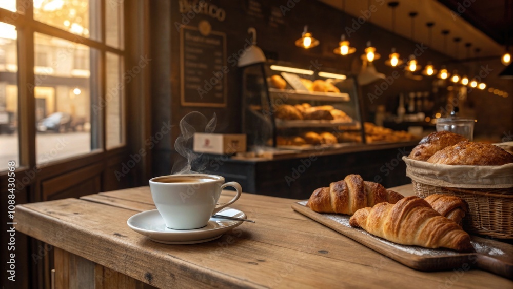 Cozy café scene with coffee and freshly baked pastries Cozy café scene with coffee and freshly baked pastries