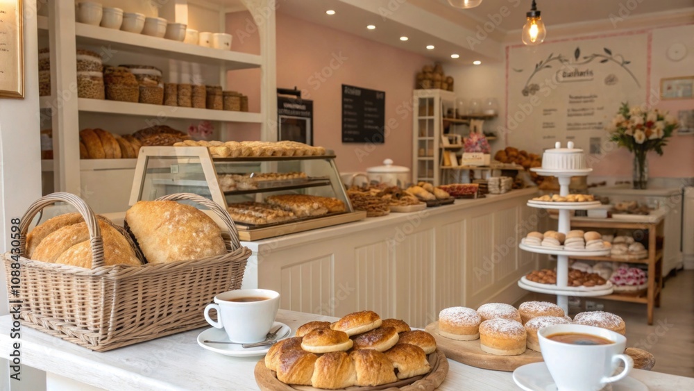 Cozy bakery with fresh pastries and coffee setup Cozy bakery with fresh pastries and coffee setup