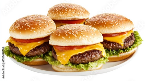 A plate of classic cheeseburgers with juicy beef patties, melted cheddar cheese, lettuce