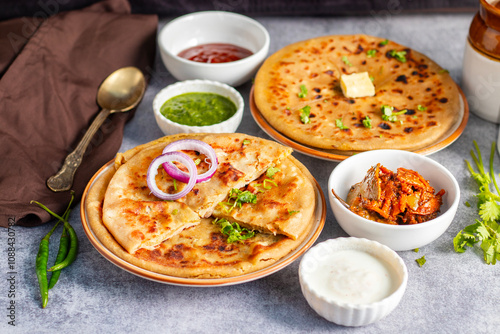 Aloo paratha, a North Indian favorite from Punjab, Uttar Pradesh, and Bihar, is a stuffed flatbread with spiced potato filling, served hot with tangy achar and chutney.