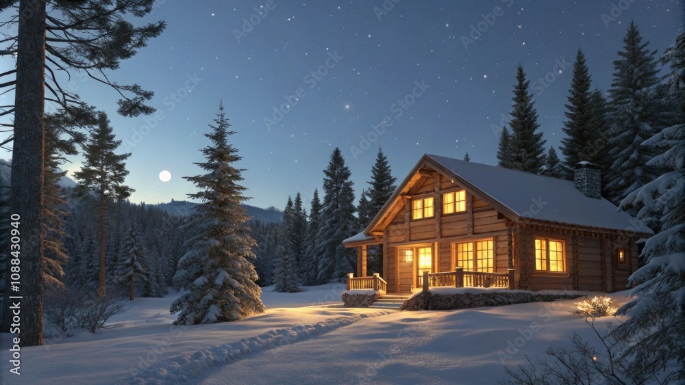 Fototapeta premium Cozy winter cabin glowing under a starry night sky
