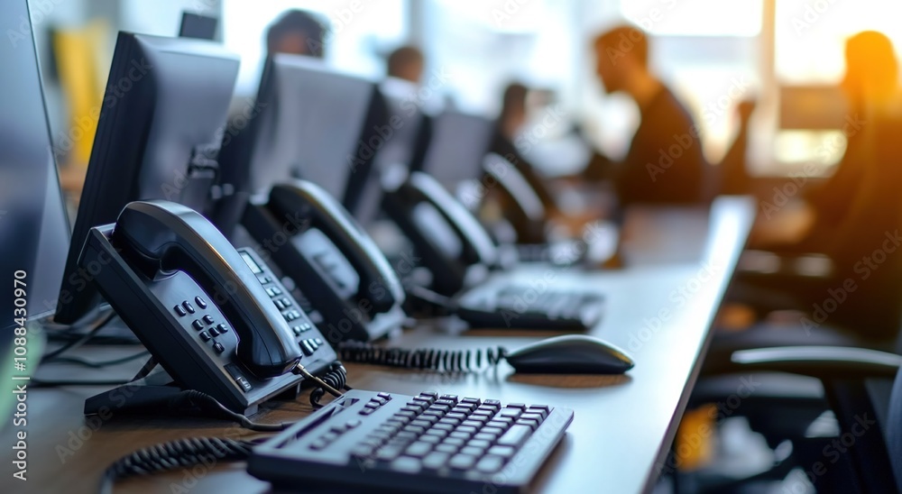 A row of business phones on an office desk A row of business phones on an office desk