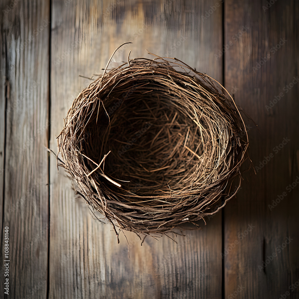 An empty bird nest on a wooden background An empty bird nest on a wooden background