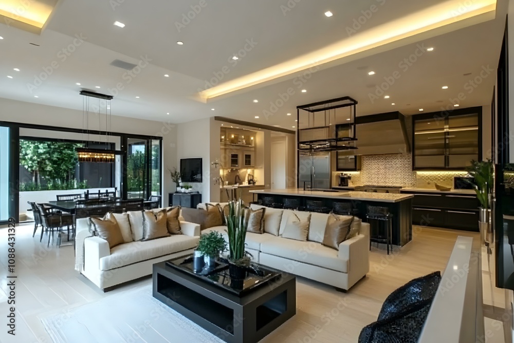 Fototapeta premium Contemporary Open Living Room Kitchen Blend with Chic Decor