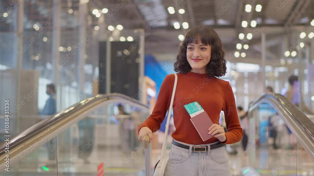 Asian young woman passenger walk in airport terminal to boarding gate. 