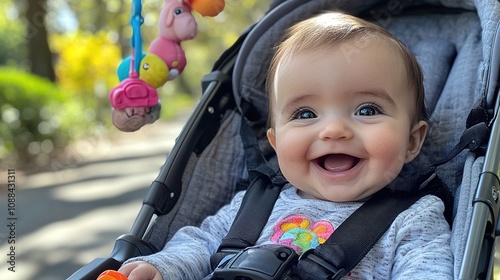 baby girl smiling from her stroller during a sunny day out, with colorful toys hanging from the stroller bar to keep her entertained