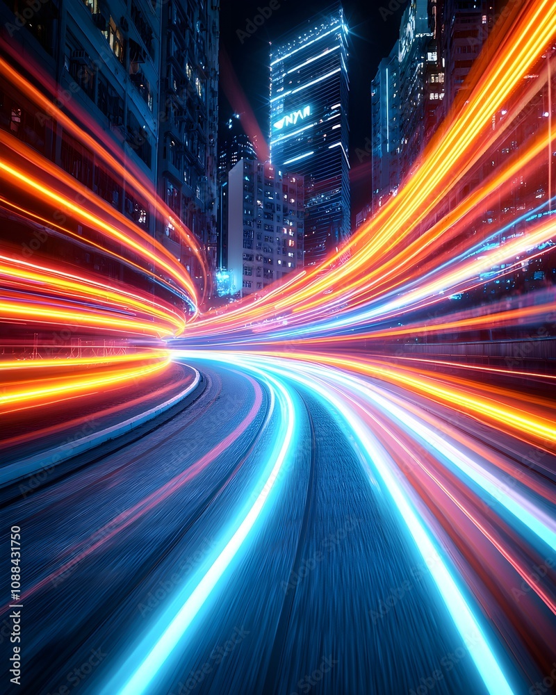 Obraz premium Dynamic cityscape with light trails at night