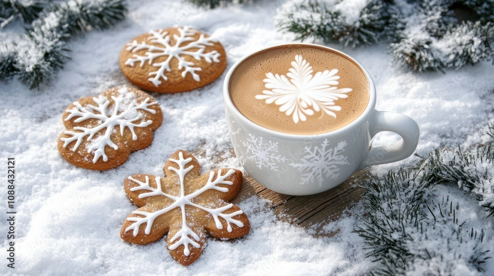 Cup of coffee with snowflake latte art beside gingerbread cookies and frosted pine branches on a snow-dusted wooden surface Cup of coffee with snowflake latte art beside gingerbread cookies and frosted pine branches on a snow-dusted wooden surface