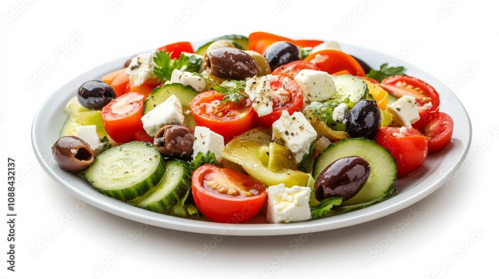 A plate of colorful Greek salad with ripe tomatoes, cucumbers, olives A plate of colorful Greek salad with ripe tomatoes, cucumbers, olives