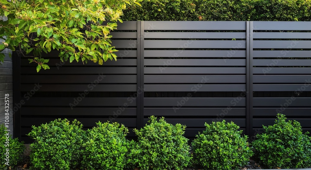 Modern black fence with horizontal slats for a home garden or yard Modern black fence with horizontal slats for a home garden or yard