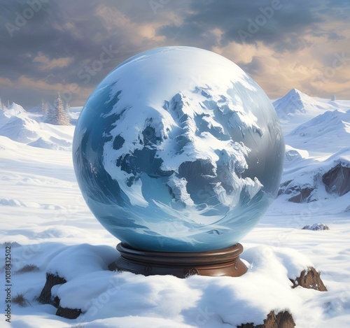 Illustration of winter landscape in frozen earth globe.