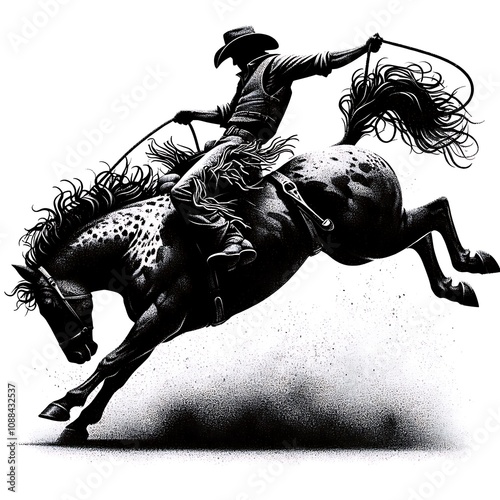 Black and white illustration of a cowboy riding a bucking bronco, dynamic action pose, dust and motion.