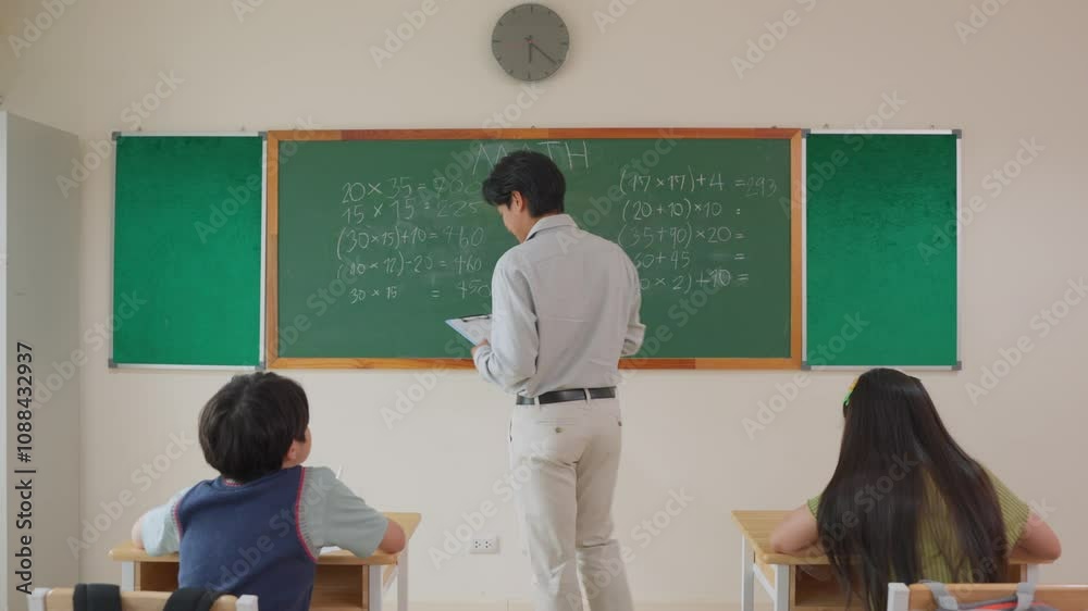 Group of students learning with teacher in classroom at elementary school.
