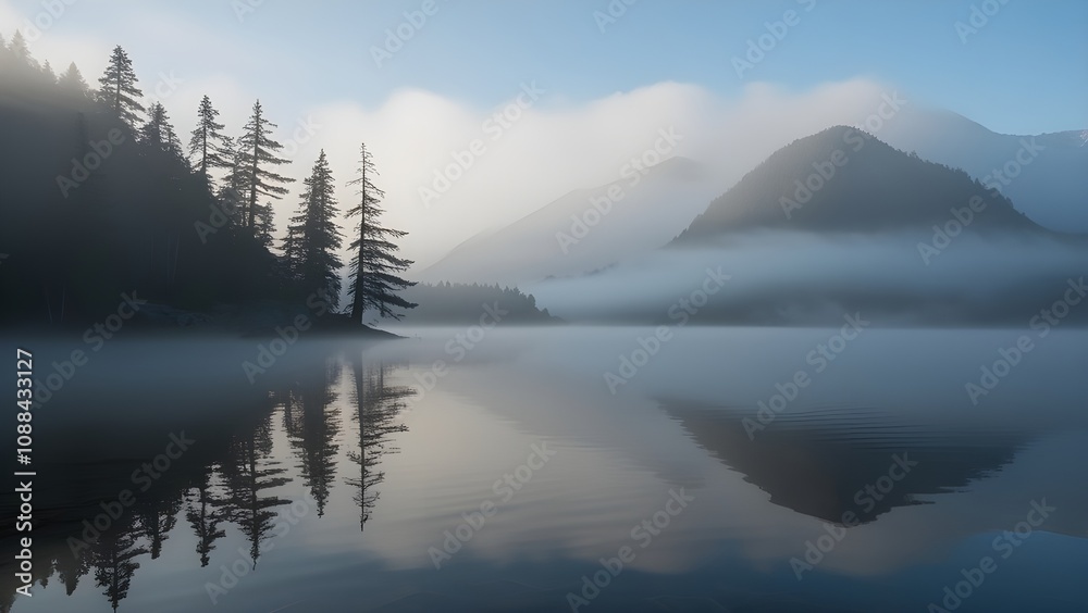Obraz premium A tranquil mountain lake surrounded by tall pine trees, its surface reflecting faint images of mist-covered peaks. The soft morning fog hovers above the water, blending seamlessly into the serene wild