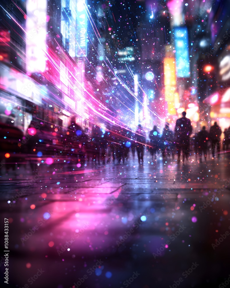 Fototapeta premium Vibrant cityscape with dynamic lights and silhouettes