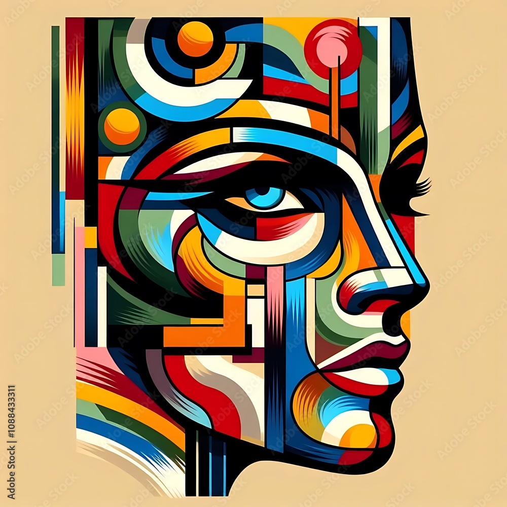 Naklejka premium Abstract geometric portrait of a woman's face in profile, vibrant colors and bold lines.