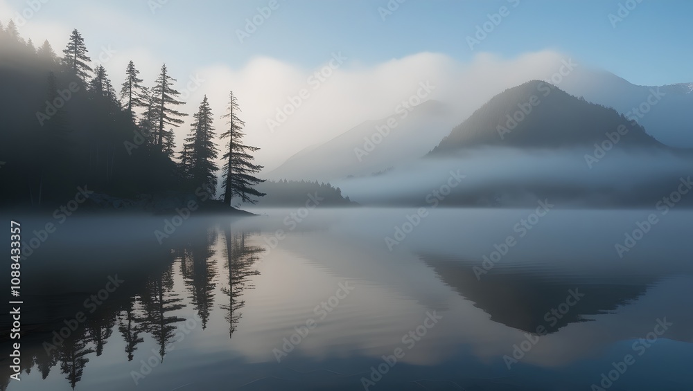 Fototapeta premium A tranquil mountain lake surrounded by tall pine trees, its surface reflecting faint images of mist-covered peaks. The soft morning fog hovers above the water, blending seamlessly into the serene wild