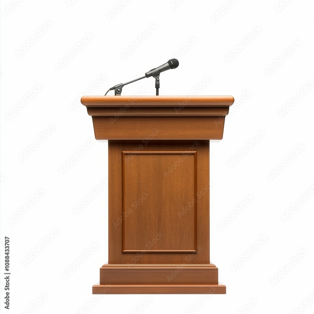 Wooden podium with microphone, ready for speech. Wooden podium with microphone, ready for speech.