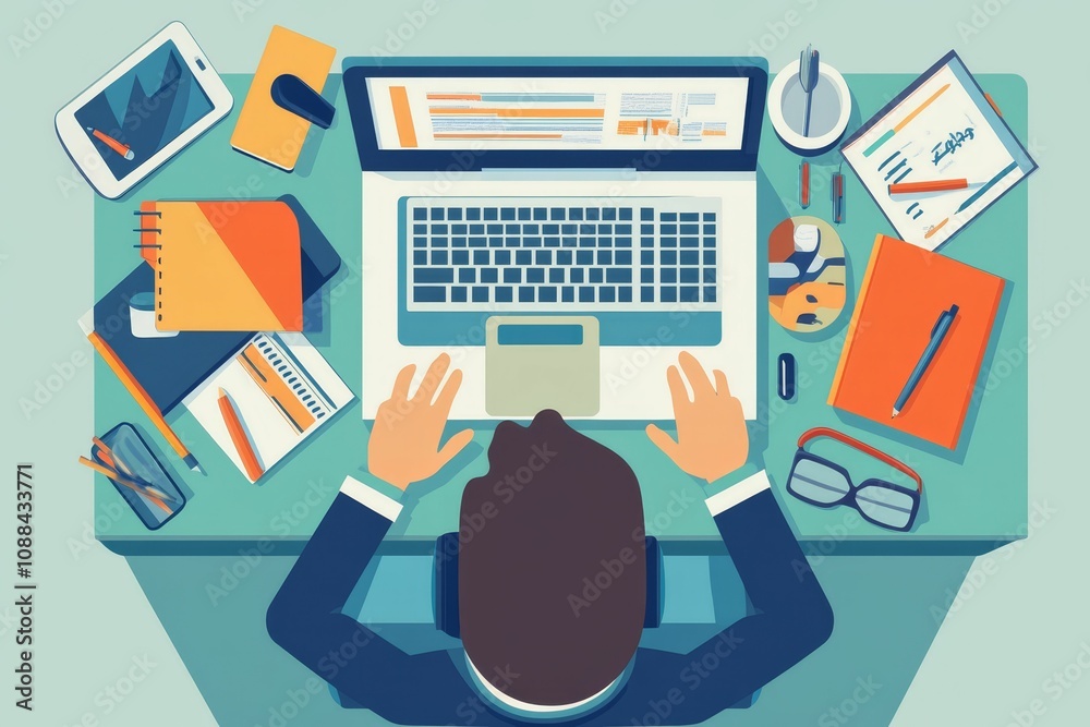 Person working at a desk with a laptop and other Person working at a desk with a laptop and other