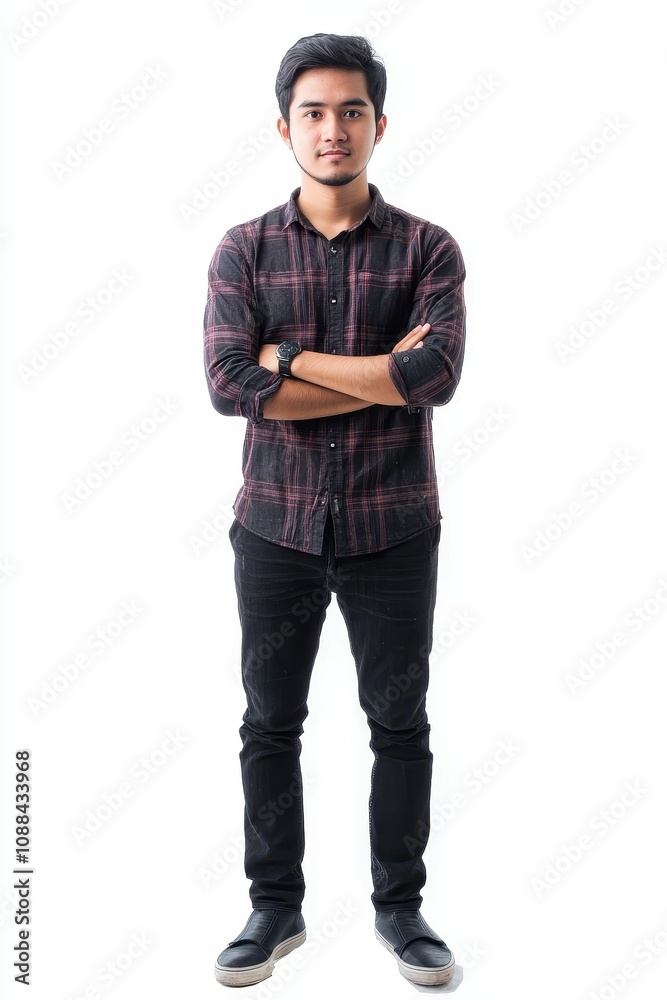 Young man, plaid shirt, arms crossed, confident pose. Young man, plaid shirt, arms crossed, confident pose.
