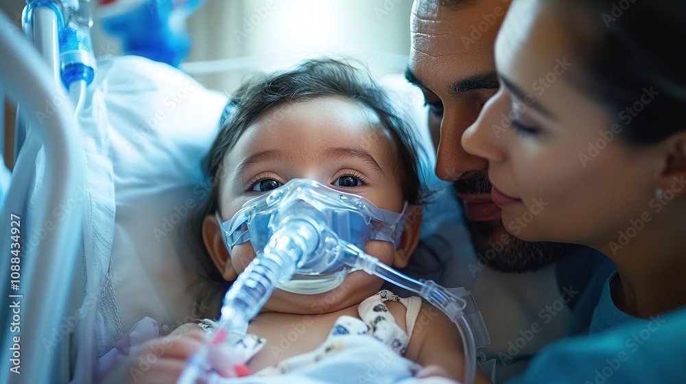 baby using a gentle CPAP machine to support breathing, receiving specialized care with loving parents by their side