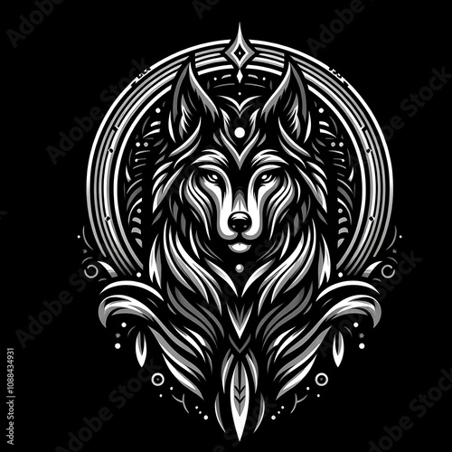 Monochrome wolf head illustration with ornate geometric frame.