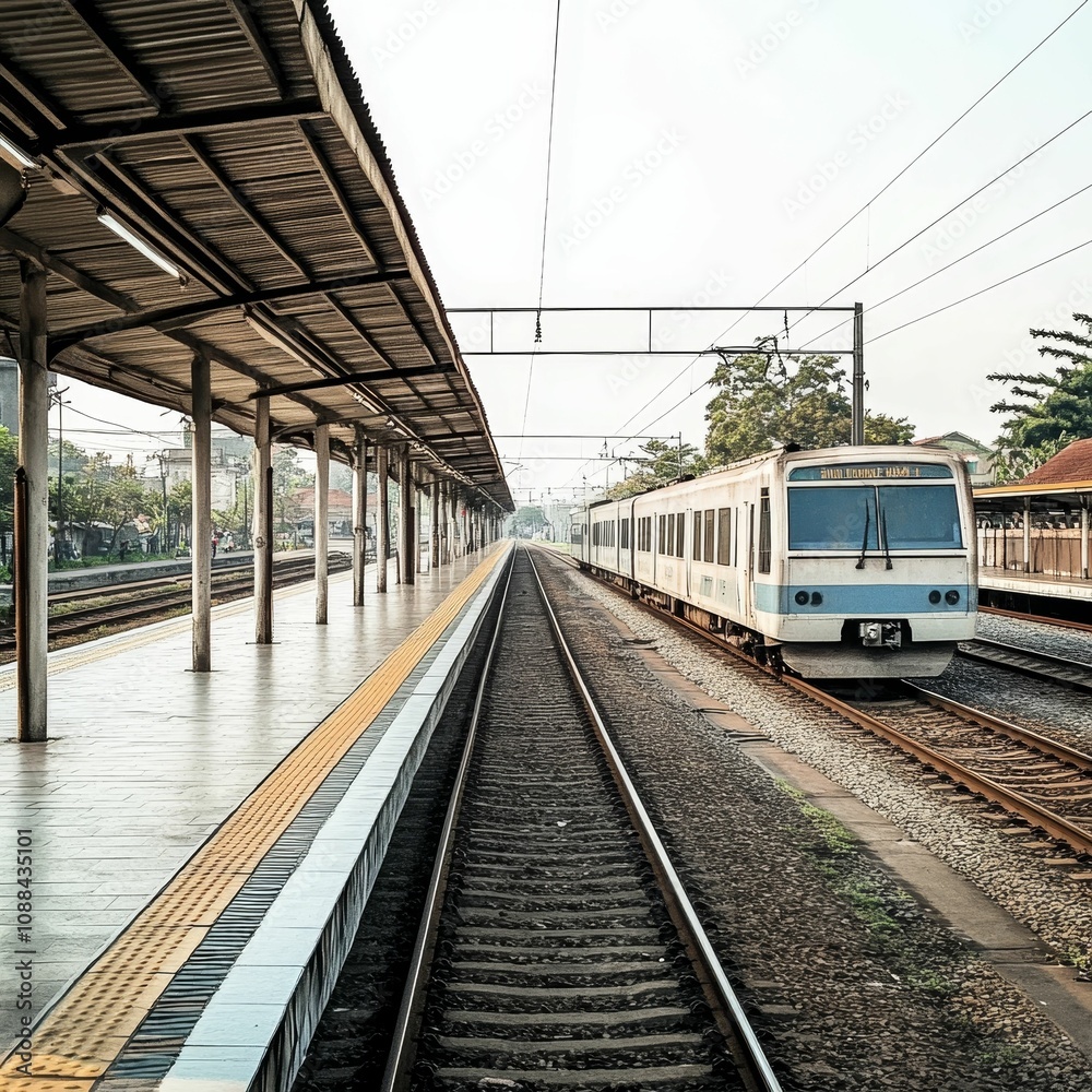 Obraz premium Train arriving at a station platform.