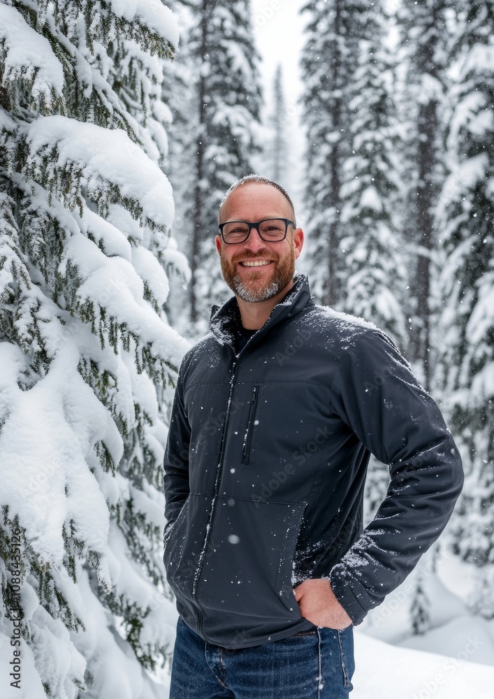 Man Smiling in a Snowy Pine Forest Man Smiling in a Snowy Pine Forest