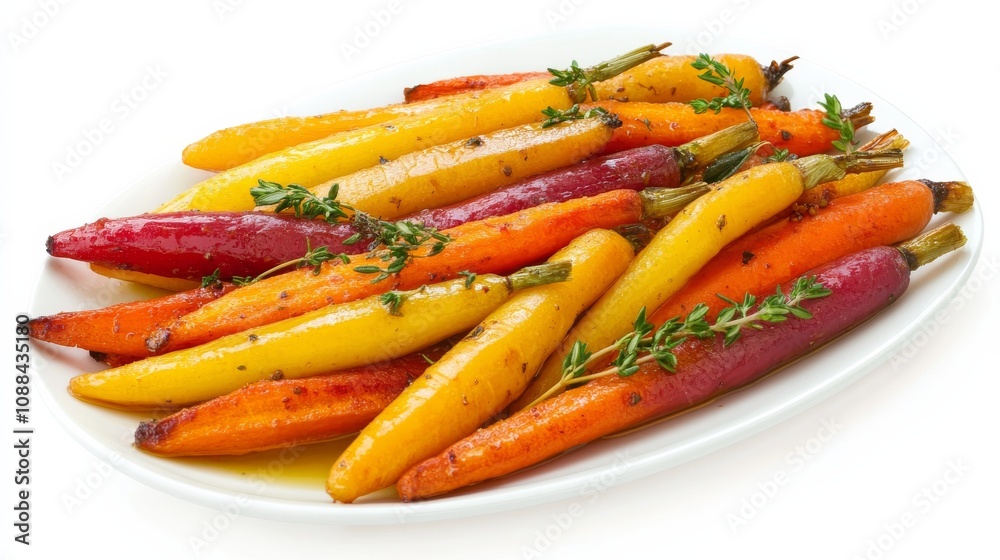 A plate of colorful roasted carrots with olive oil, garlic, honey A plate of colorful roasted carrots with olive oil, garlic, honey