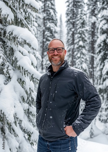 Man Smiling in a Snowy Pine Forest