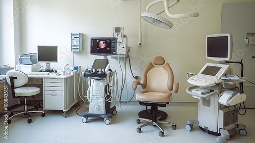 A photo of a gynaecology department. There are various equipment such as an ultrasound machine, a fetal heart monitor, and a speculum. photo