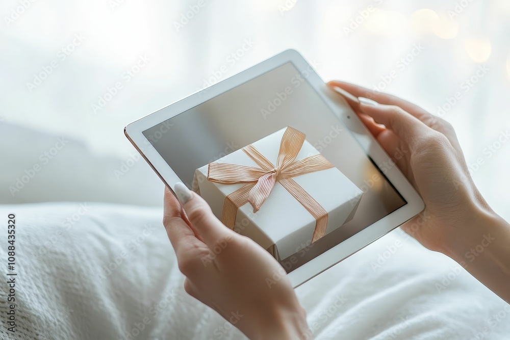 Tablet displays virtual gift; hands hold it.