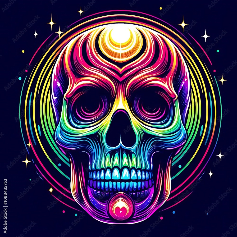 Vibrant rainbow skull illustration with glowing details and cosmic background.