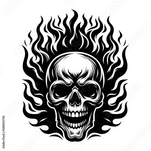 Fiery skull illustration, monochrome, flames, detailed, graphic design element.