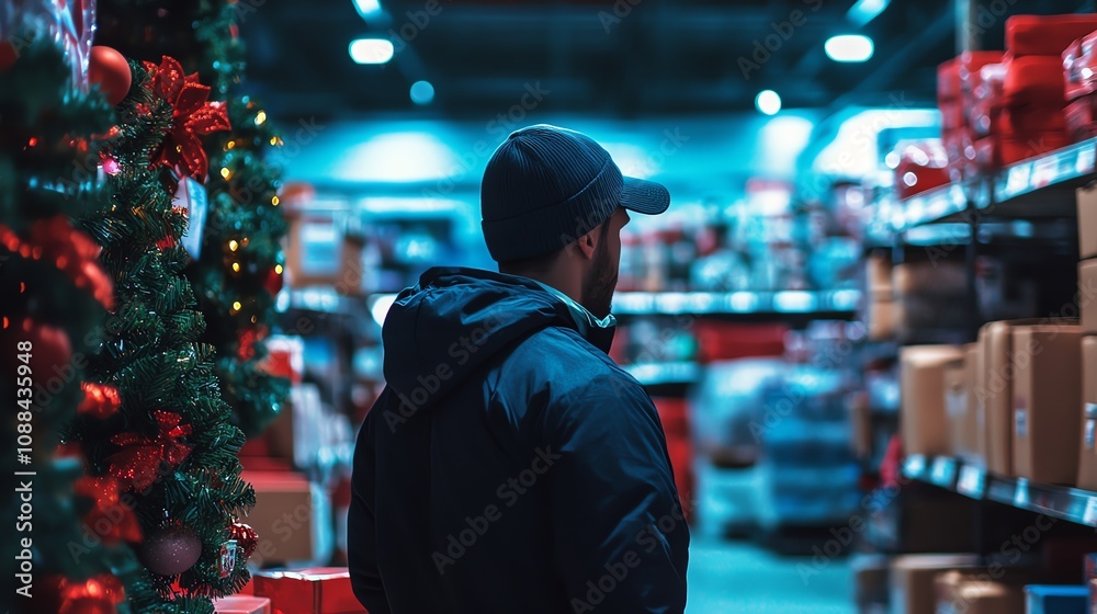 Person in store aisle with Christmas decorations and shelves of merchandise, wearing a cap. Person in store aisle with Christmas decorations and shelves of merchandise, wearing a cap.