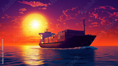 container cargo maritime ship at sunset, logistic freight shipping and transportation