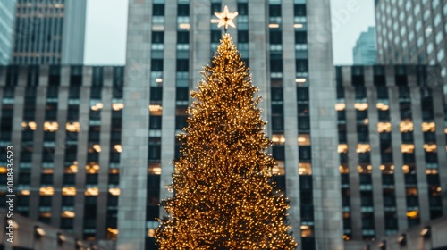 Illuminated Christmas tree in an urban setting.