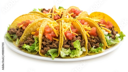 A plate of colorful tacos with seasoned beef, fresh salsa, shredded cheese