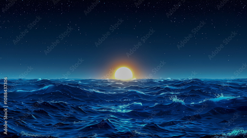 Sunrise Over Dark Ocean Waves Under a Starry Night Sky Sunrise Over Dark Ocean Waves Under a Starry Night Sky