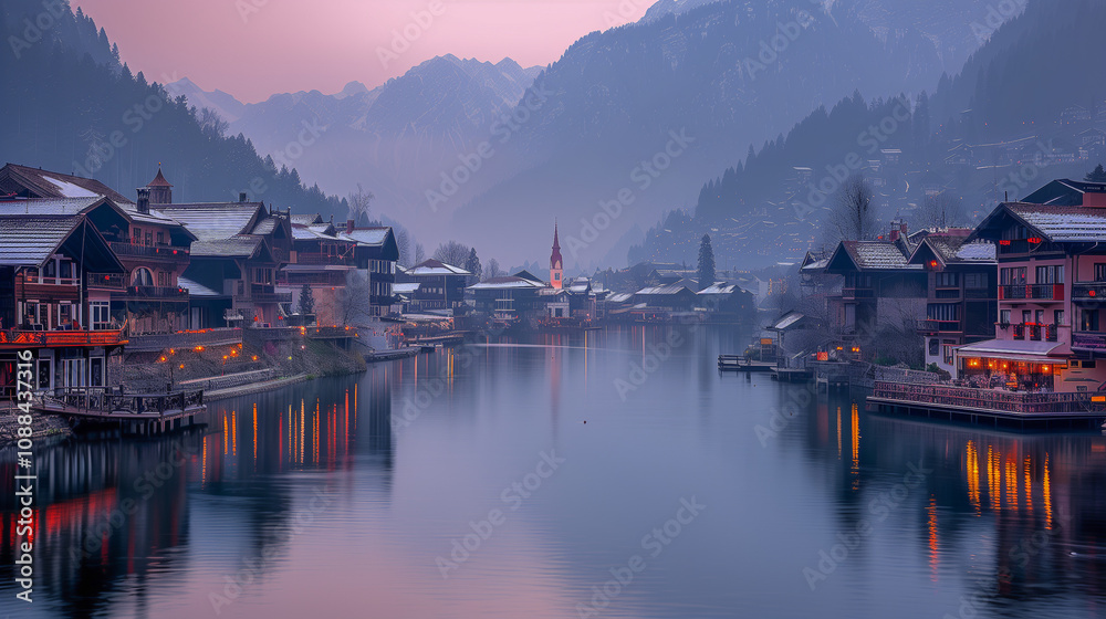 Naklejka premium Tranquil Alpine Village Reflected on Misty Lake at Dusk..
