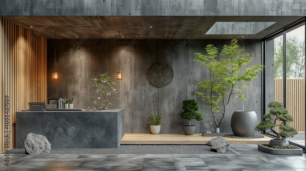 Modern Zen-Inspired Interior with Minimalist Japanese Garden.. Modern Zen-Inspired Interior with Minimalist Japanese Garden..
