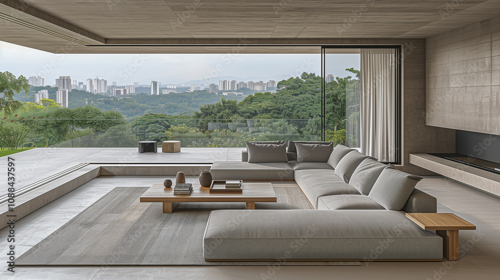 Modern Minimalist Living Room with Panoramic City View.. Modern Minimalist Living Room with Panoramic City View..