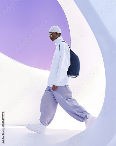Fashion model walking in purple and white set wearing modern clothes